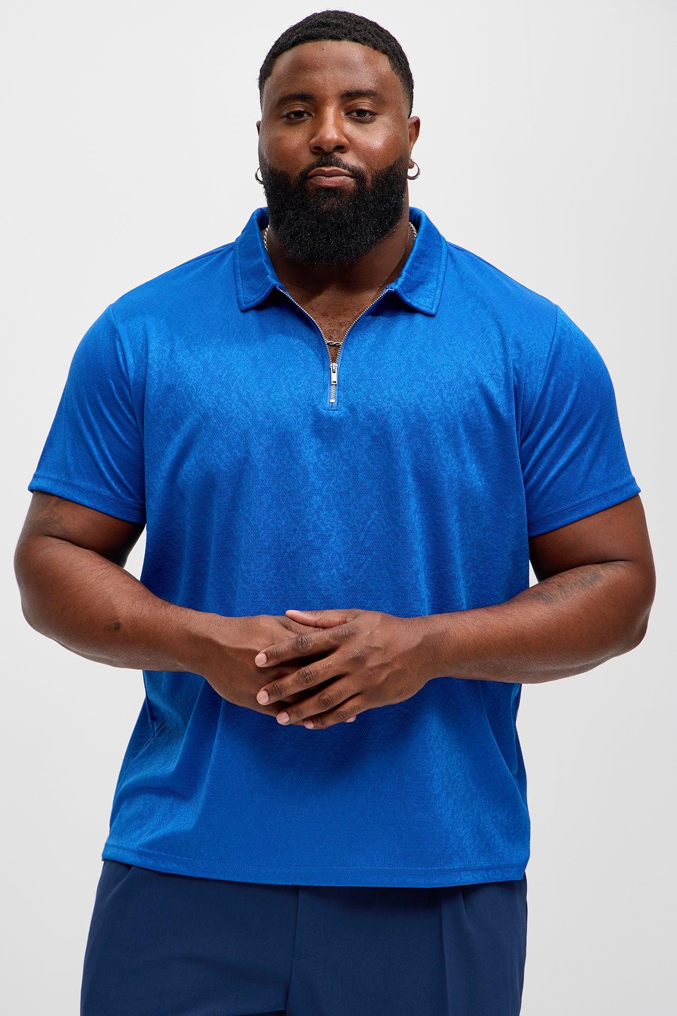 Jacquard Floral Knit Quarter Zip Polo Shirt - Blue Product Image