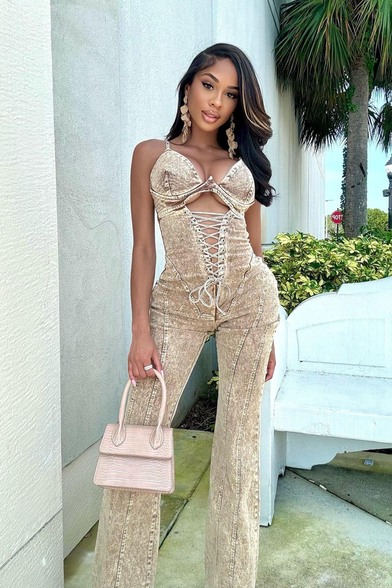 Level You Up Washed Denim Jumpsuit - Tan Product Image