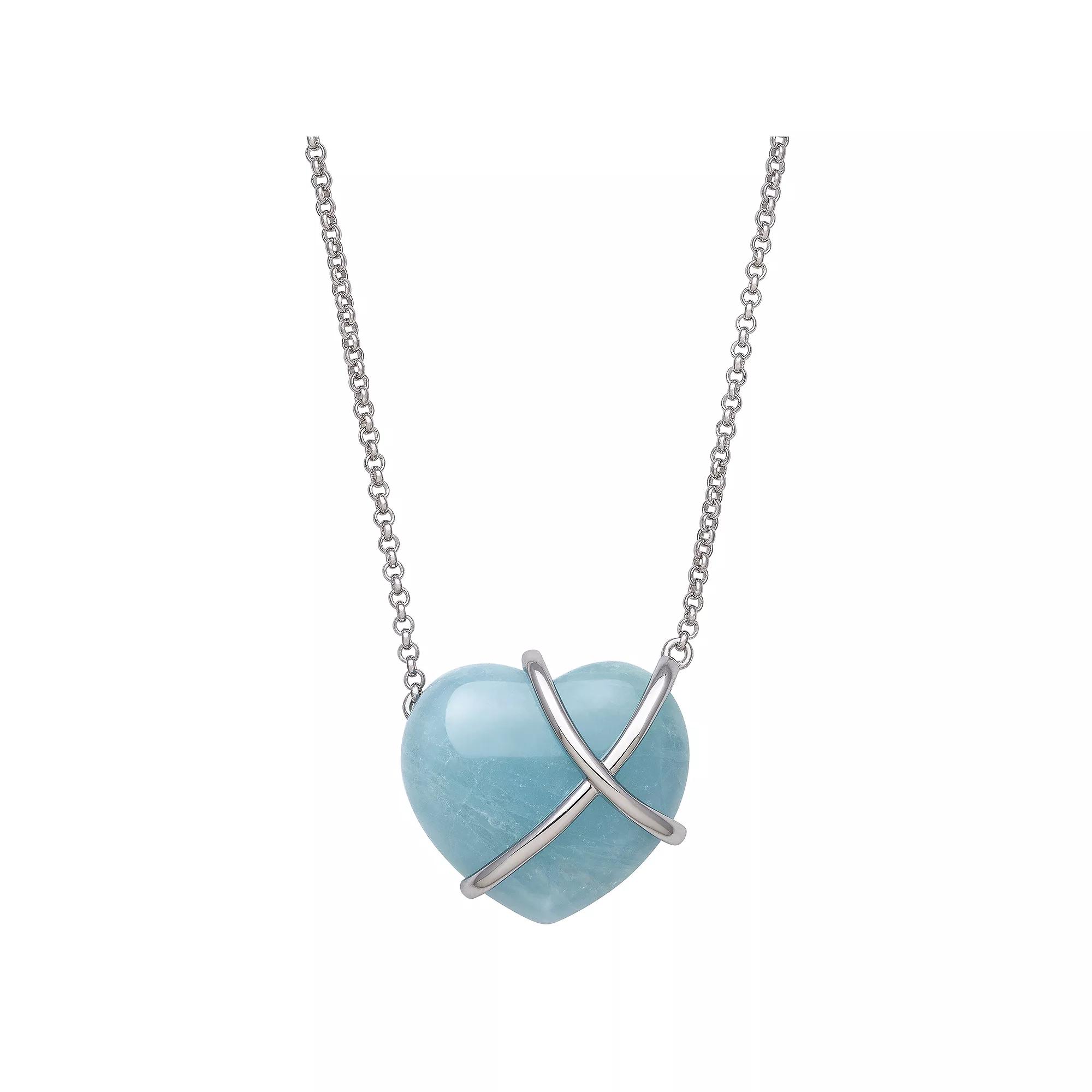 Sterling Silver Aqua Bead Heart Necklace, Womens Product Image