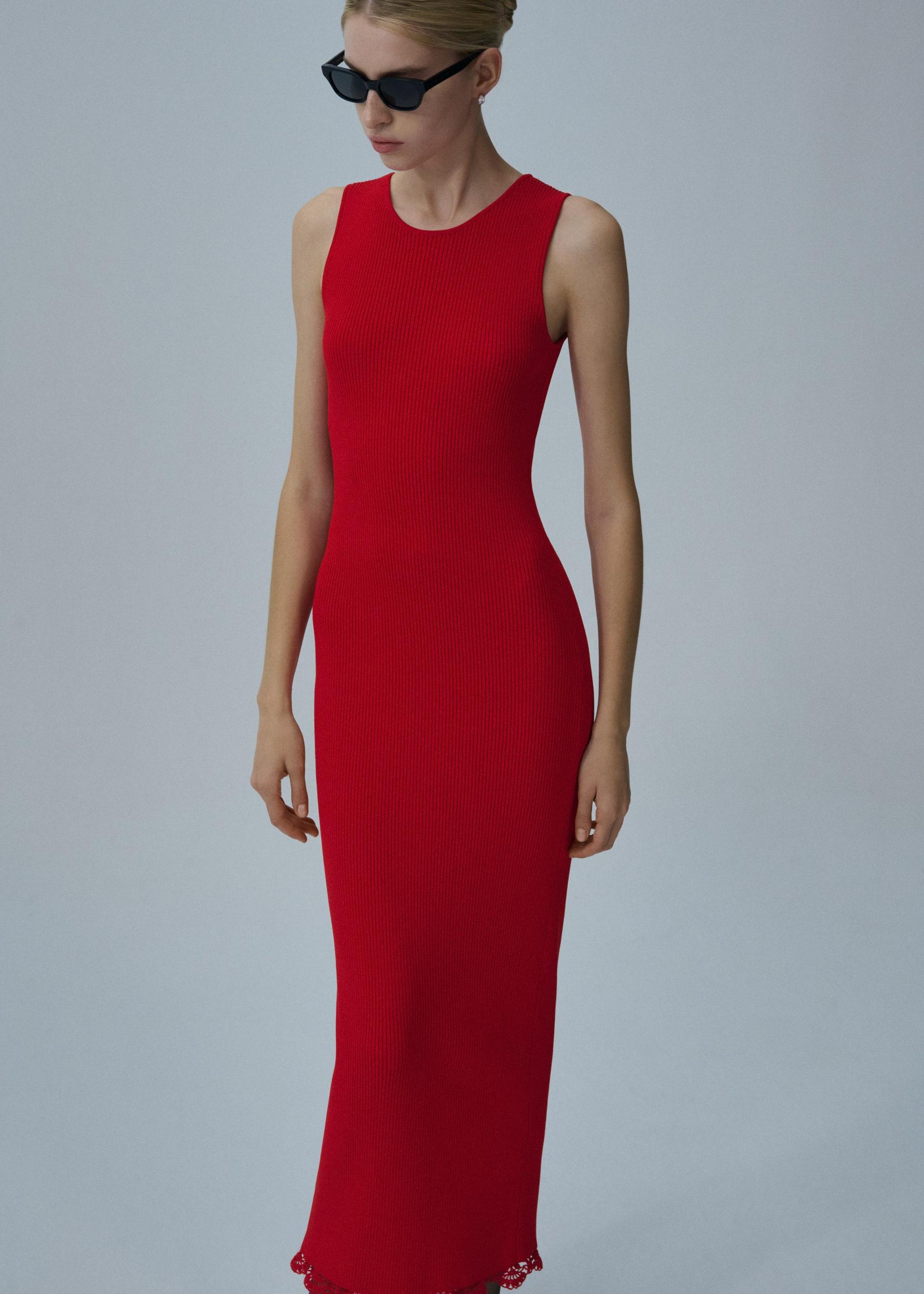 Lace detail ribbed knit maxi dress in red Product Image