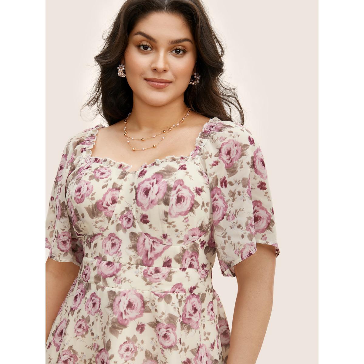 Plus Size Ivory Heart Neckline Floral Shirred Ruffles Blouse Women Elegant Short sleeve Heart neckline Everyday Blouses BloomChic 14-16/1X Product Image