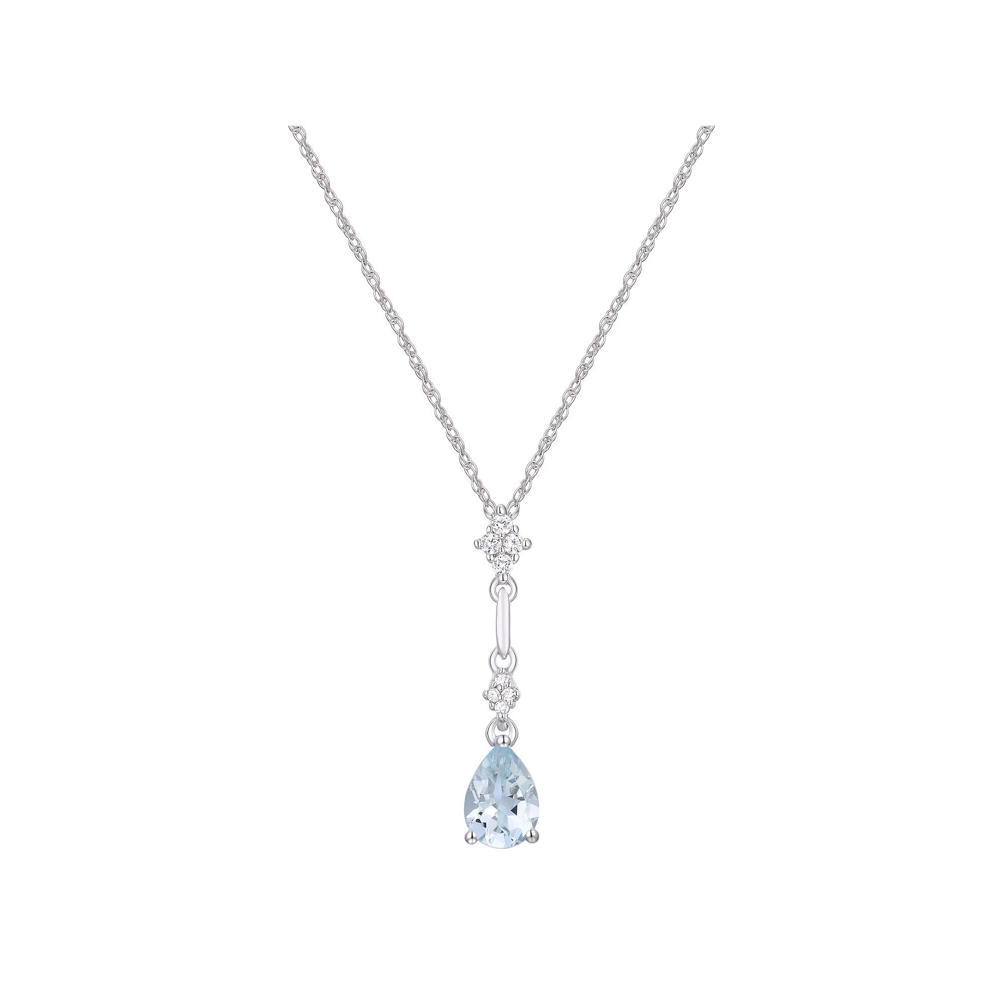Rhodium Over Sterling Silver Teardrop Gemstone With Lab-Created White Sapphire Accents Pendant Necklace, Women's, Size: 18", Genuine Aquamarine Product Image