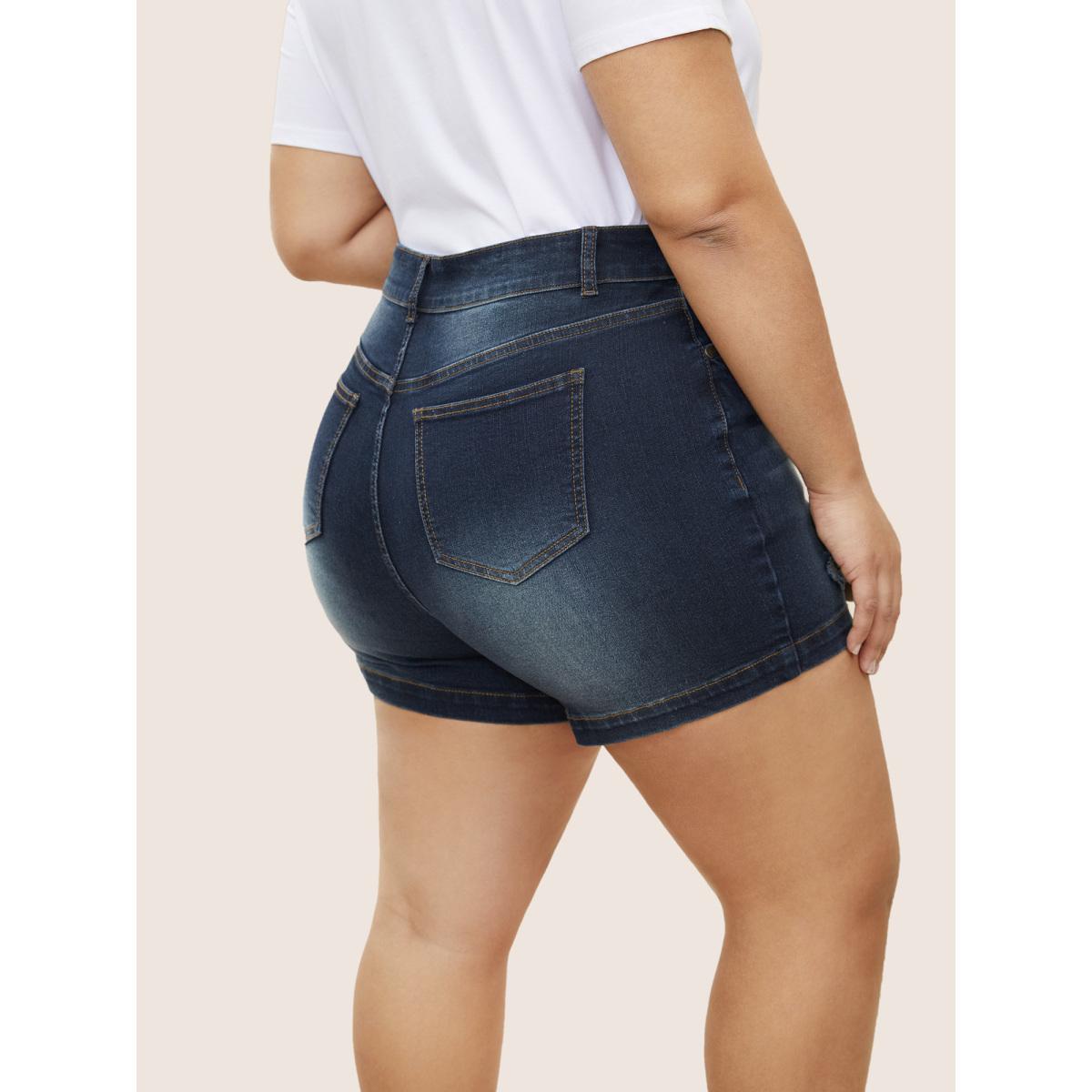 Plus Size Dark Wash Button Up Distressed Denim Shorts Women Midnight Distressed High stretch Everyday Slanted pocket Casual Denim Shorts BloomChic 20/2X Product Image