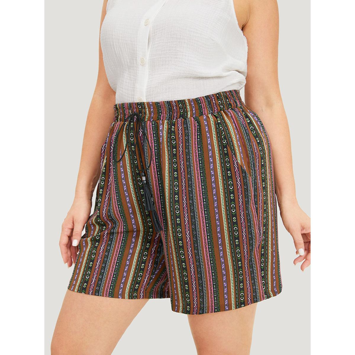 Plus Size Bandana Striped Drawstring Tassel Beaded Detail Shorts Women Multicolor Vacation Tassels Dailywear Shorts BloomChic 12/L Product Image