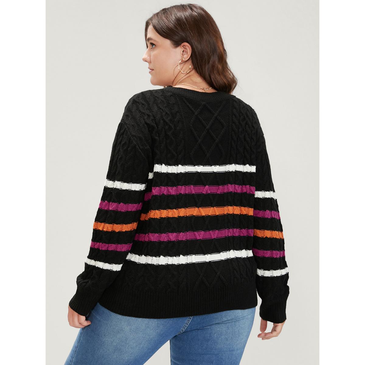 Plus Size Striped Contrast Pointelle Knit Geometric Jacquard Knit Top Black Women Casual Long Sleeve V-neck Dailywear Pullovers BloomChic 30/6X Product Image