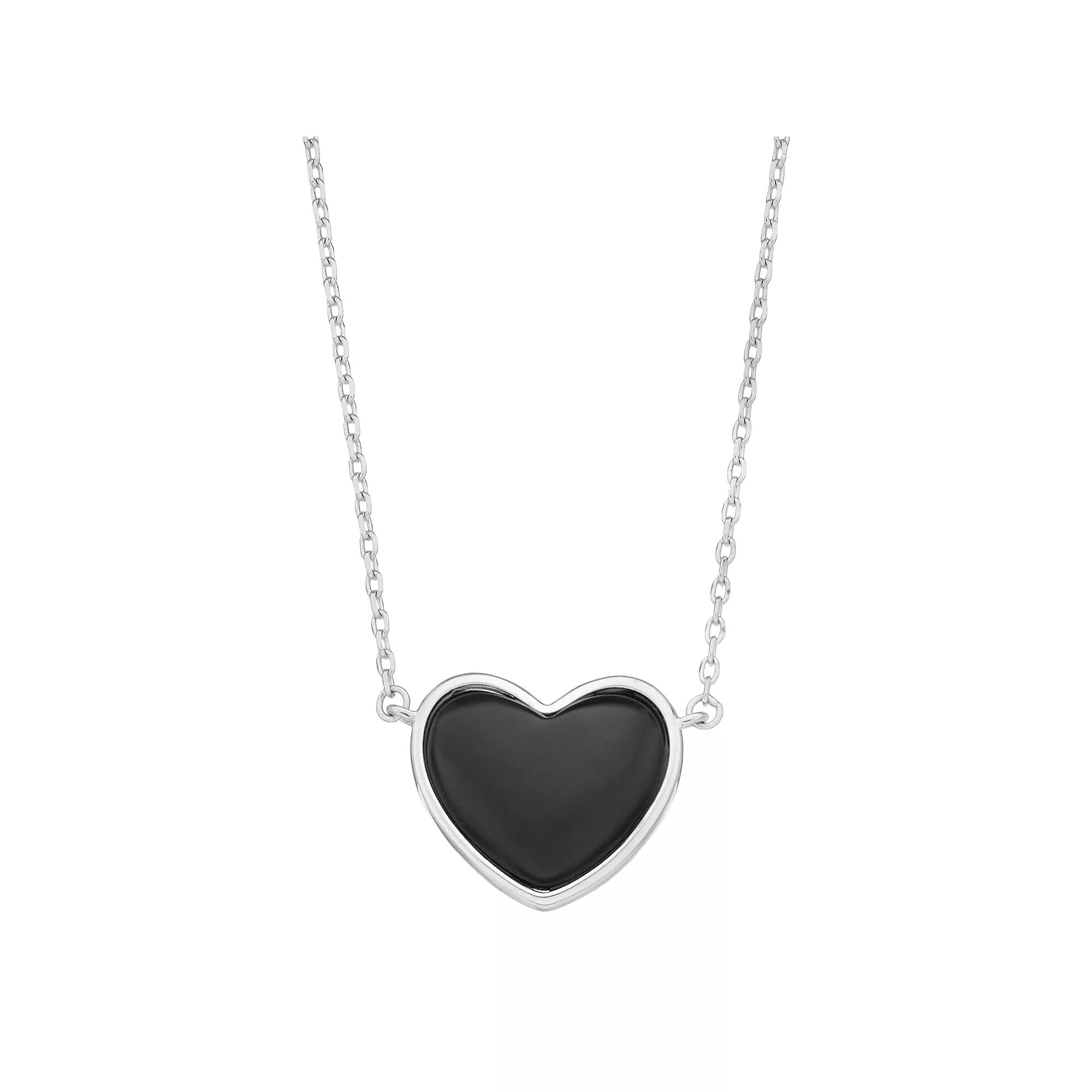 Sterling Silver & Onyx Puffed Heart Necklace, Women's, Size: 18" Product Image