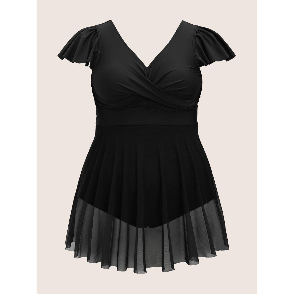 Plus Size Solid Ruffles Gathered See Through Swim Dress Women's Swimwear Black Beach Bodycon V-neck High stretch Curve Swim Dresses BloomChic 12/L Product Image
