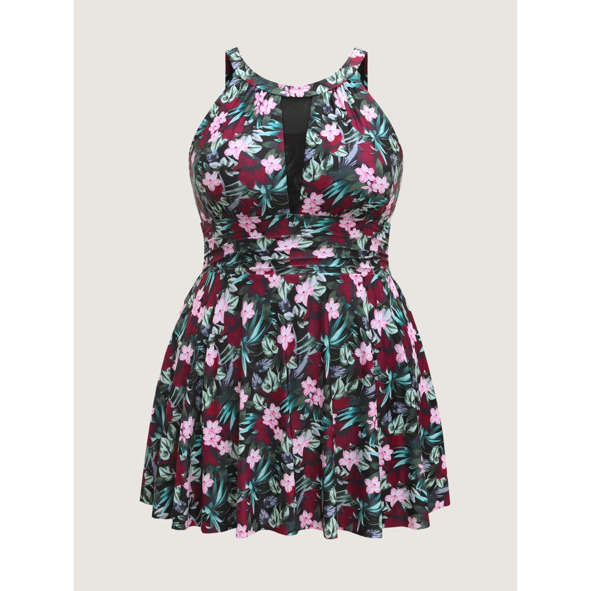 Plus Size Anti-Float Ties Sheer Tropical Swim Dress Women's Swimwear BlackFlower Beach Bodycon Round Neck High stretch Curve Swim Dresses BloomChic 22-24/3X Product Image