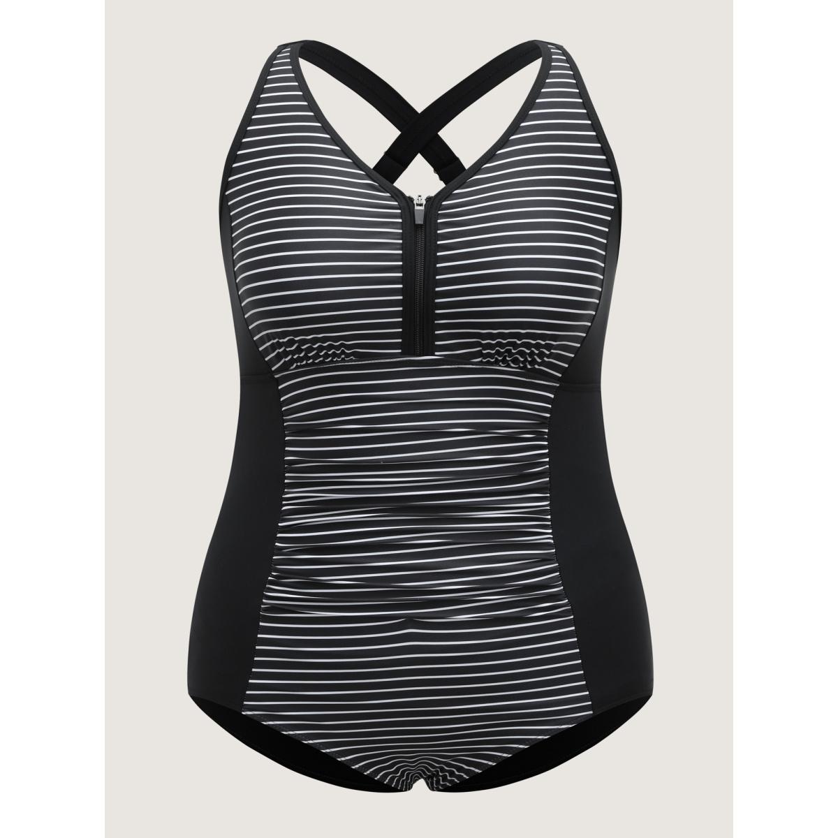 Plus Size Stripes Color Contrast One-Piece Swimsuit Women's Swimwear Black Beach Contrast Curve Bathing Suits High stretch One Pieces BloomChic 30/6X Product Image