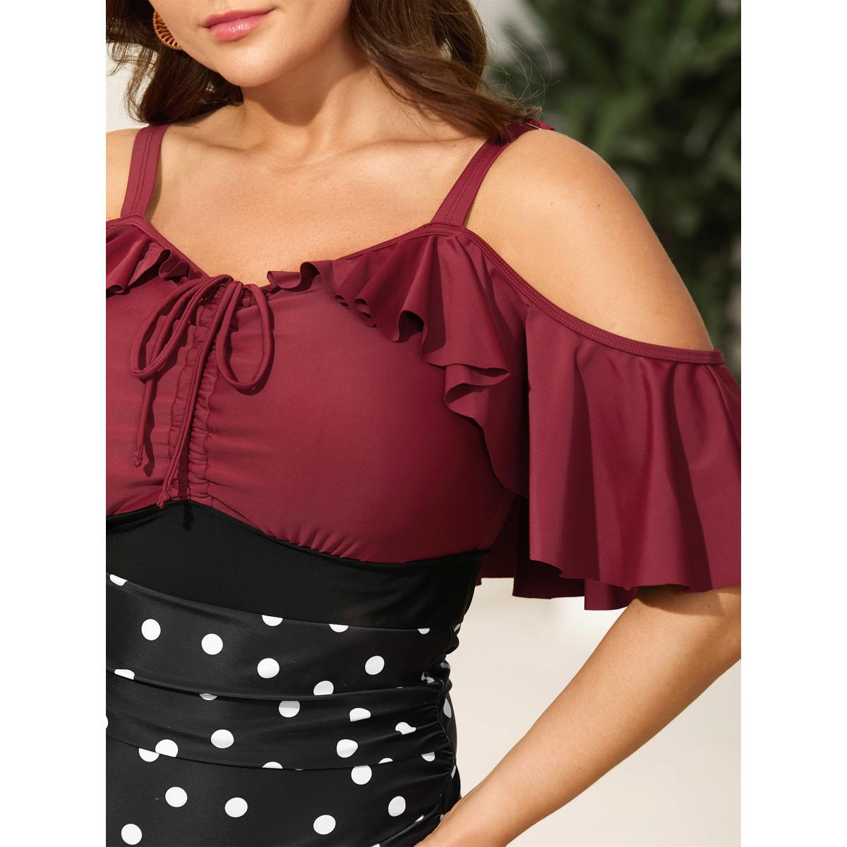 Plus Size Color Block Polka Dots One-Piece Swimsuit Women's Swimwear Deepred Beach Contrast Curve Bathing Suits High stretch One Pieces BloomChic 22-24/3X Product Image