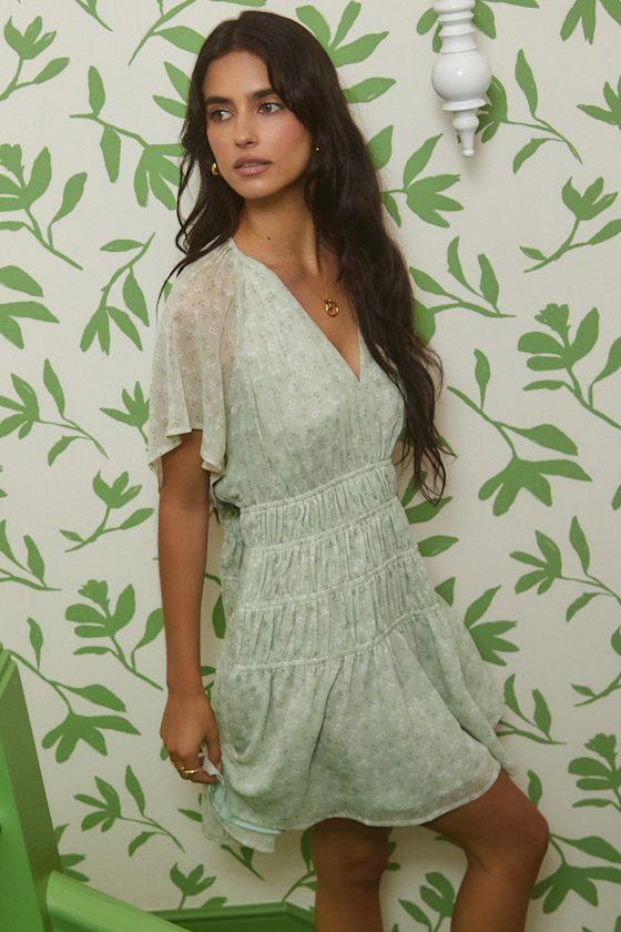 Chrislyn Light Sage Floral Flutter Sleeve Mini Dress Product Image