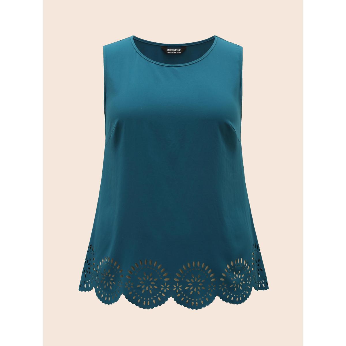 Plus Size Solid Crew Neck Laser Cut Tank Top Women Aegean Elegant Cut-Out Round Neck Everyday Tank Tops Camis BloomChic 14-16/1X Product Image