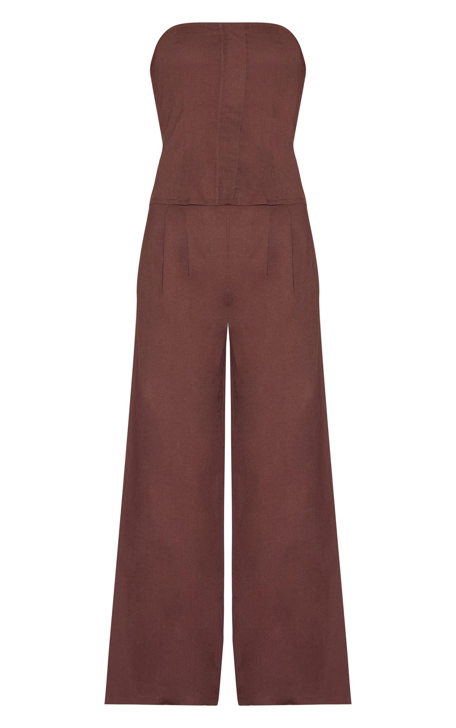Chocolate Linen Blend Tailored Bandeau Wide Leg Jumpsuit Product Image