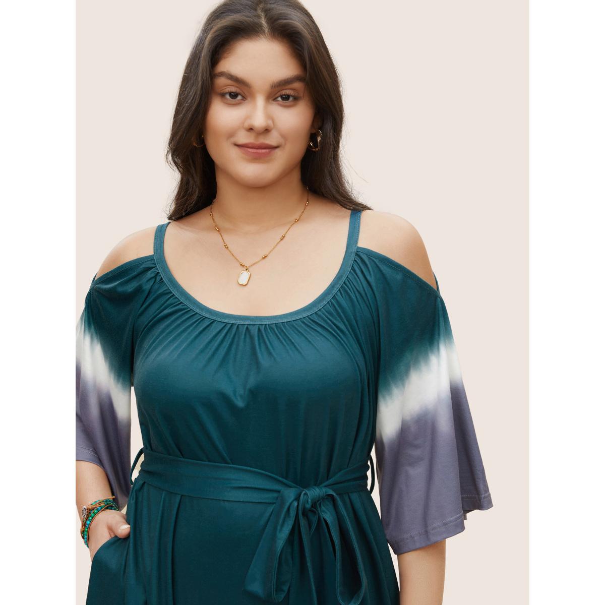 Plus Size Tie Dye Gathered Cold Shoulder Belted Dress Teal Women Resort Non U-neck Elbow-length sleeve Curvy Midi Dress BloomChic 22-24/3X Product Image
