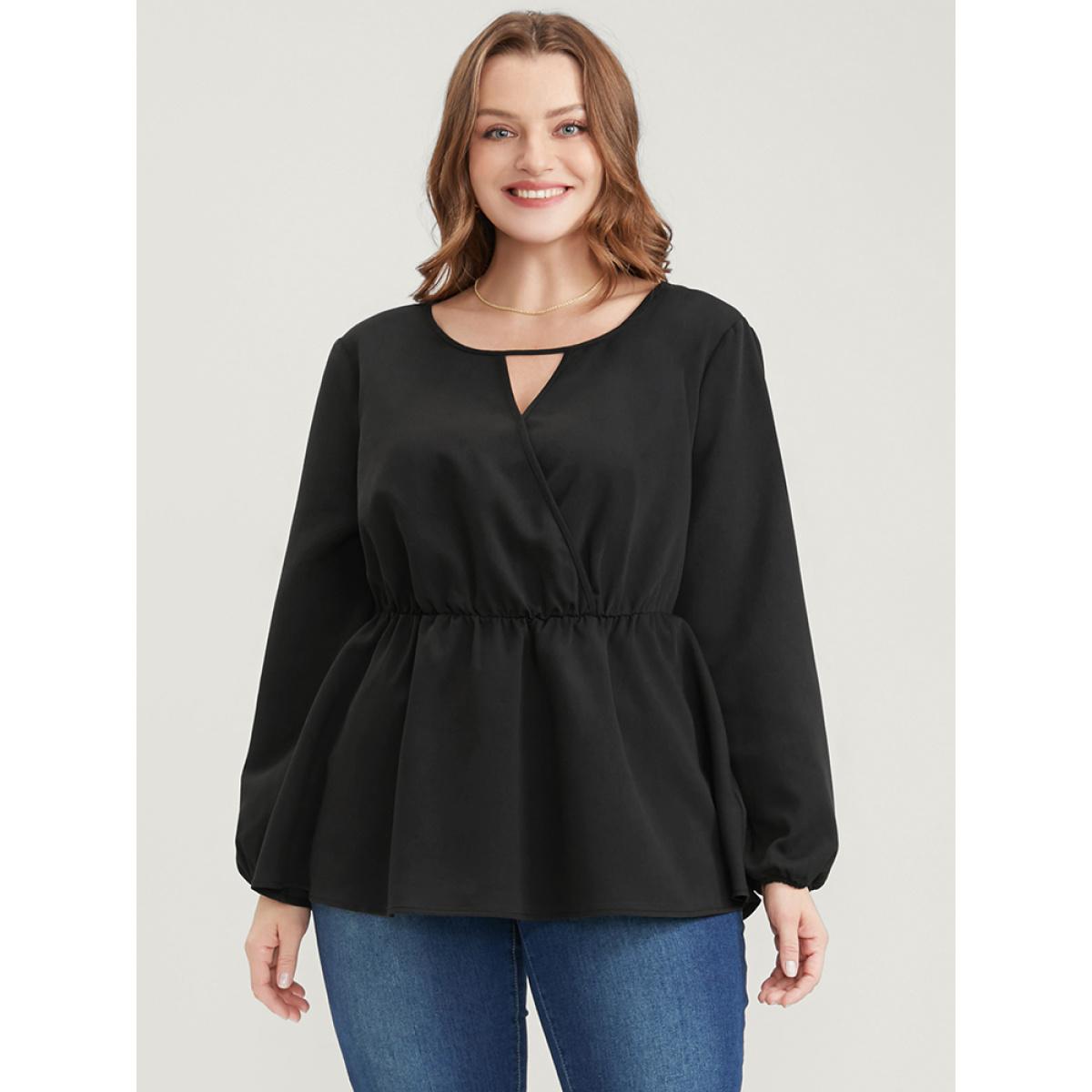 Plus Size Black Solid Lantern Sleeve Keyhole Round Neck Ruffle Blouse Women Elegant Long Sleeve Round Neck Dailywear Blouses BloomChic 12/L Product Image