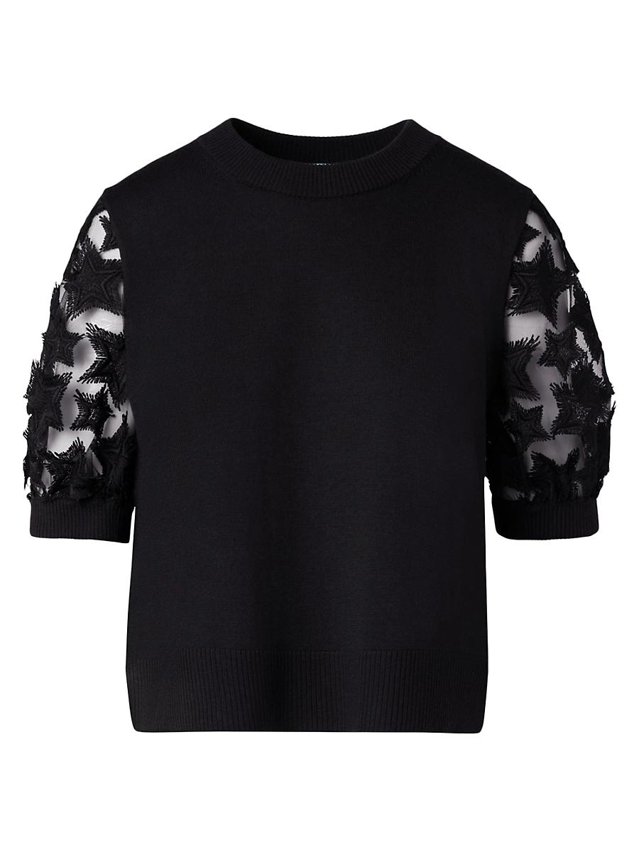 Womens Star-Embroidered Tulle-Sleeve Sweater Product Image