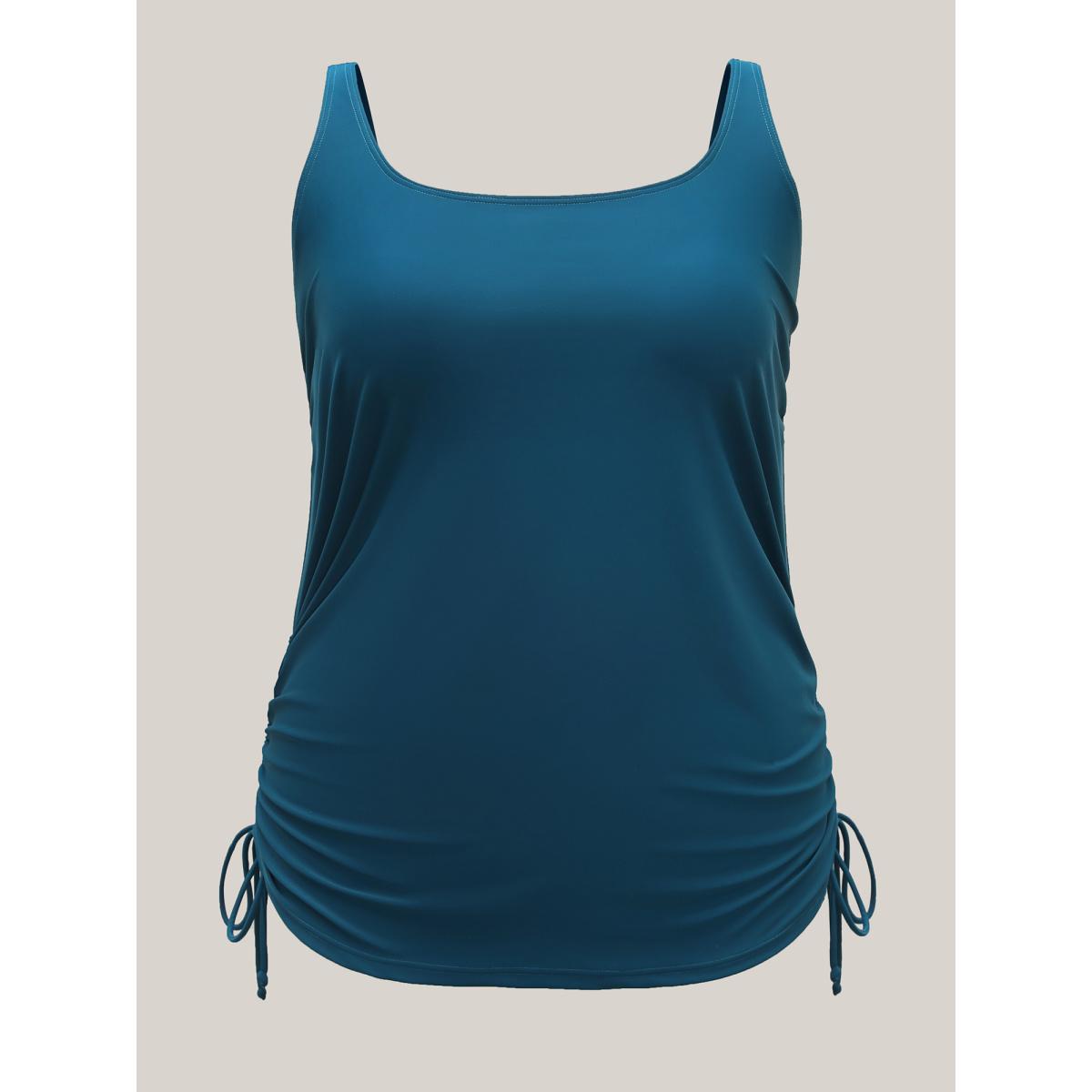 Plus Size Side Drawstrings Plain Swim Top Women's Swimwear Cyan Resort Drawstring High stretch Skinny U-neck Curve Swim Tops BloomChic 28/5X Product Image
