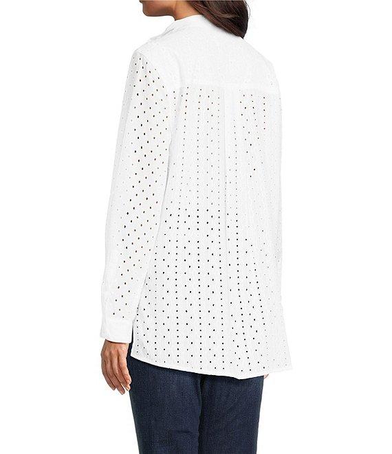 John Mark Allover Embroidered Eyelet Wire Neck Long Roll-Tab Sleeve Button Front Blouse Product Image