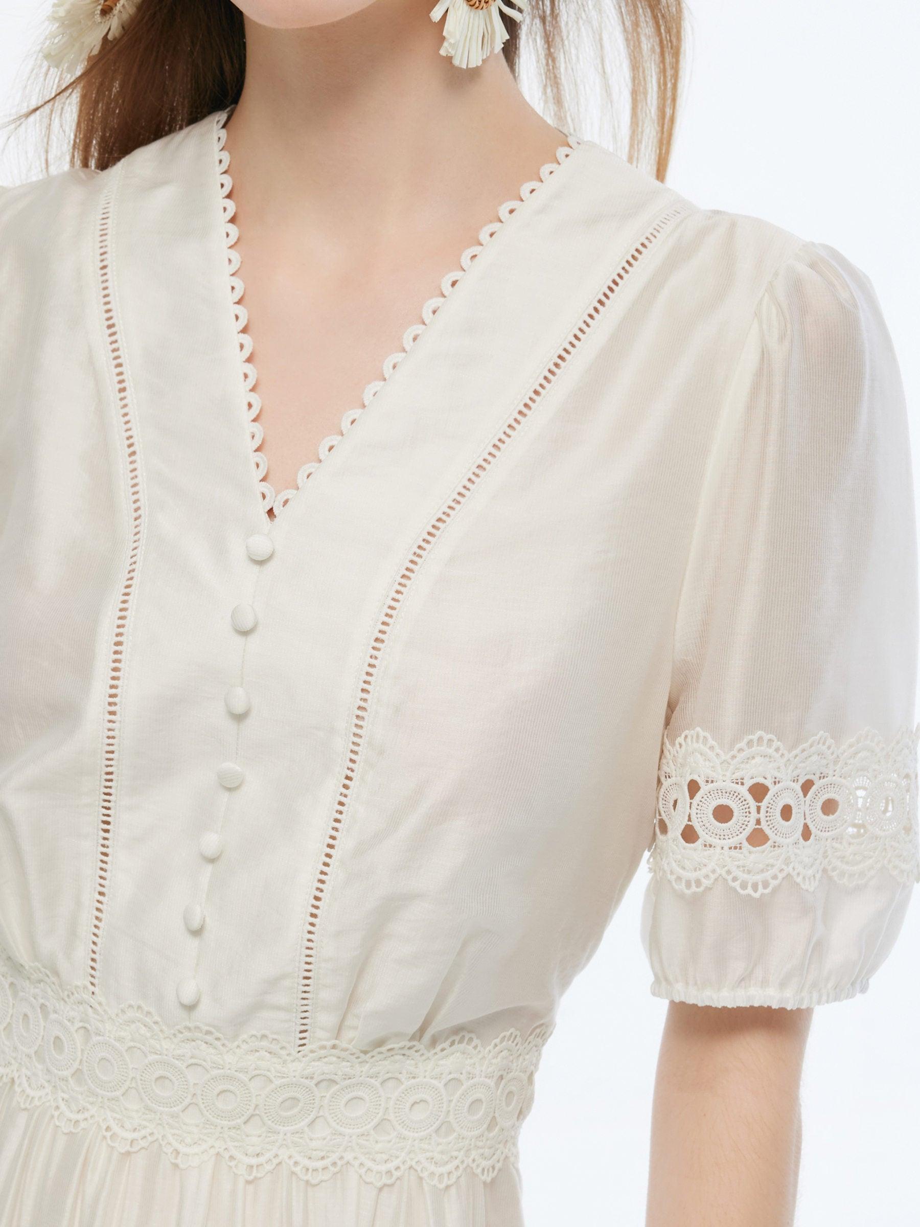 Tencel Blend Patchwork Lace Women Maxi Dress Product Image