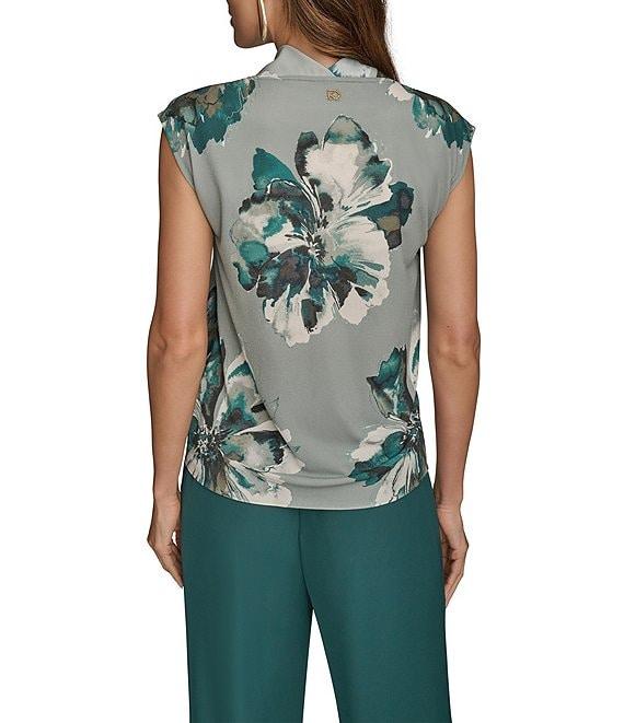 Donna Karan Floral Mix Media Cowl Neck Cap Sleeve Blouse Product Image