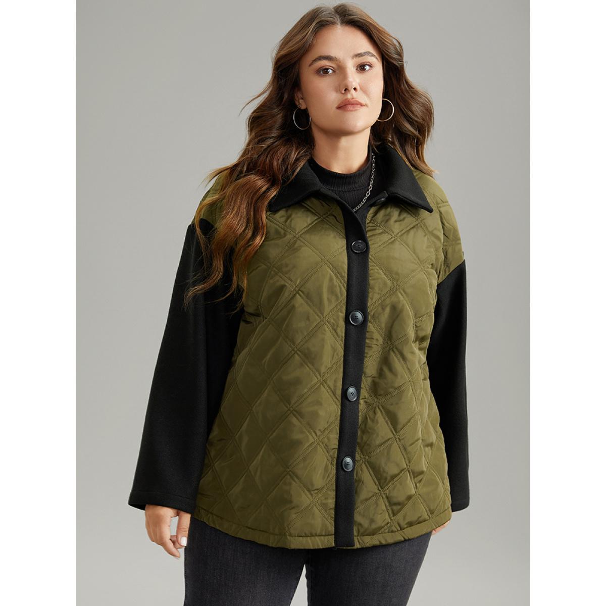 Plus Size Contrast Patchwork Quilted Button Up Jacket Women ArmyGreen Casual Texture Ladies Dailywear Winter Coats BloomChic 18-20/2X Product Image