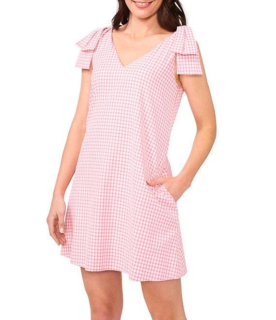 CeCe Gingham Print V-Neck Sleeveless Bow Mini Shift Dress Product Image