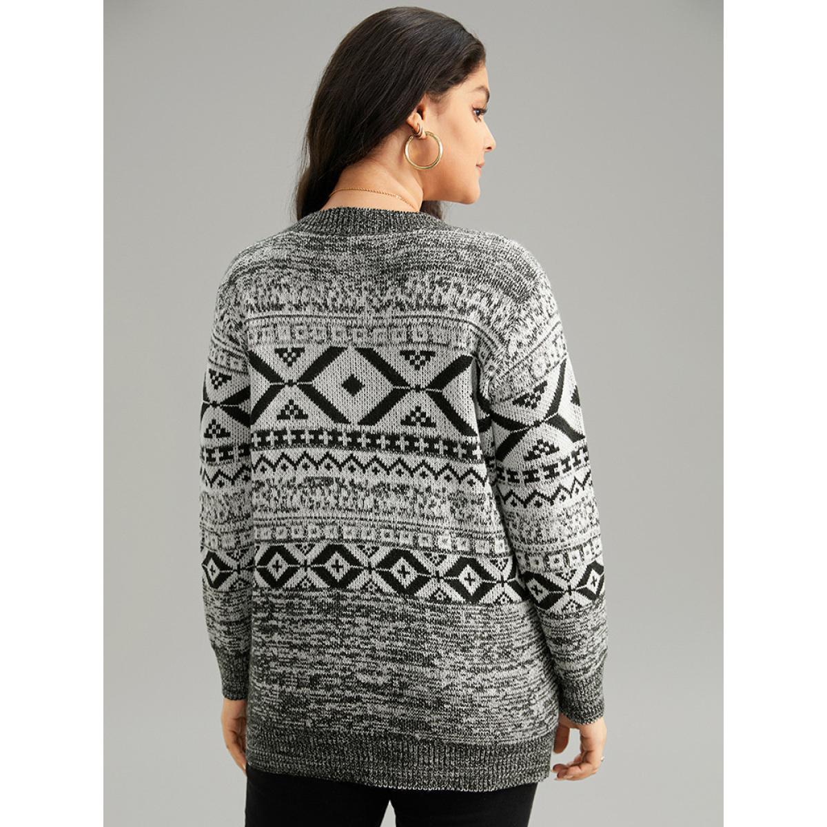 Plus Size Bandana Print Heather Loose Pullover Black Women Casual Loose Long Sleeve Round Neck Dailywear Pullovers BloomChic 12/L Product Image