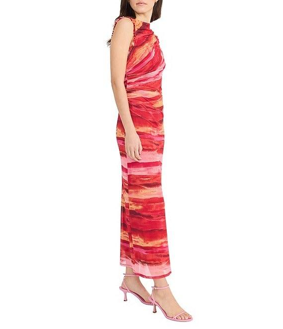 Donna Morgan Power Mesh Multi Print Boat Neck Sleeveless Sheath Midi Dress Product Image