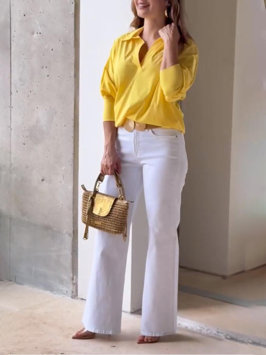 Loose Puff Sleeves Solid Color Lapel Blouses&Shirts Tops Product Image