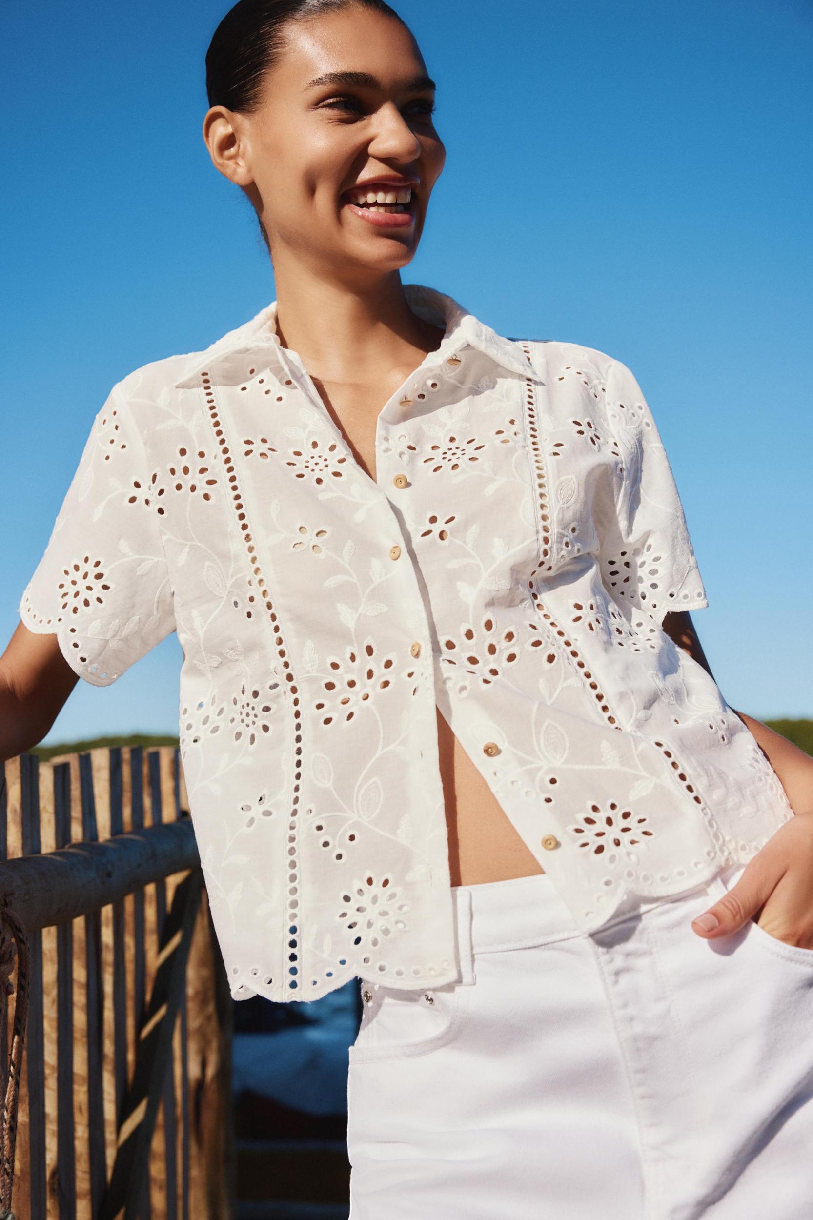 SHORT SLEEVE EMBROIDERED EYELET SHIRT Product Image