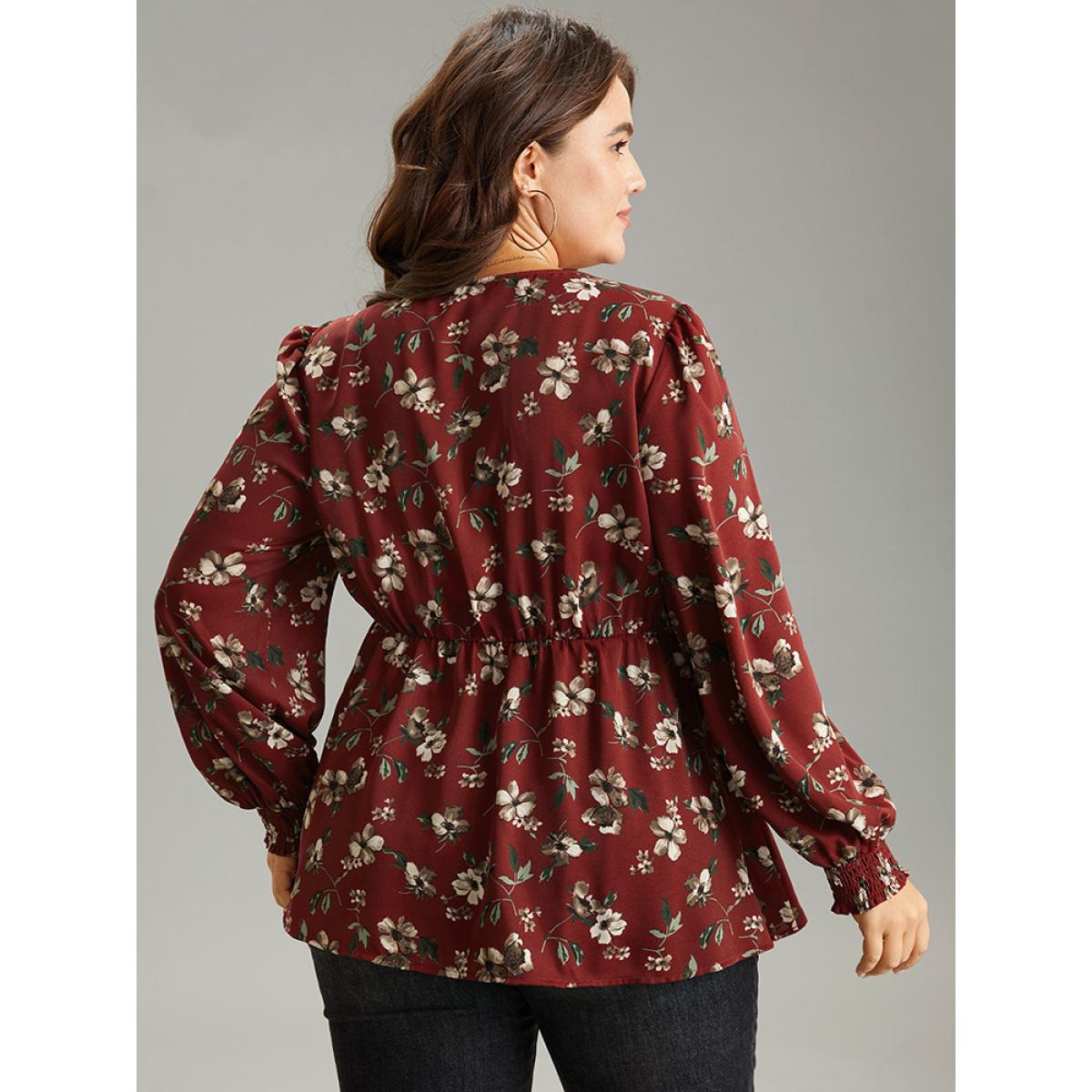 Plus Size Scarlet Ditsy Floral Shirred Ties Square Neck Blouse Women Elegant Long Sleeve Square Neck Dailywear Blouses BloomChic 14-16/1X Product Image