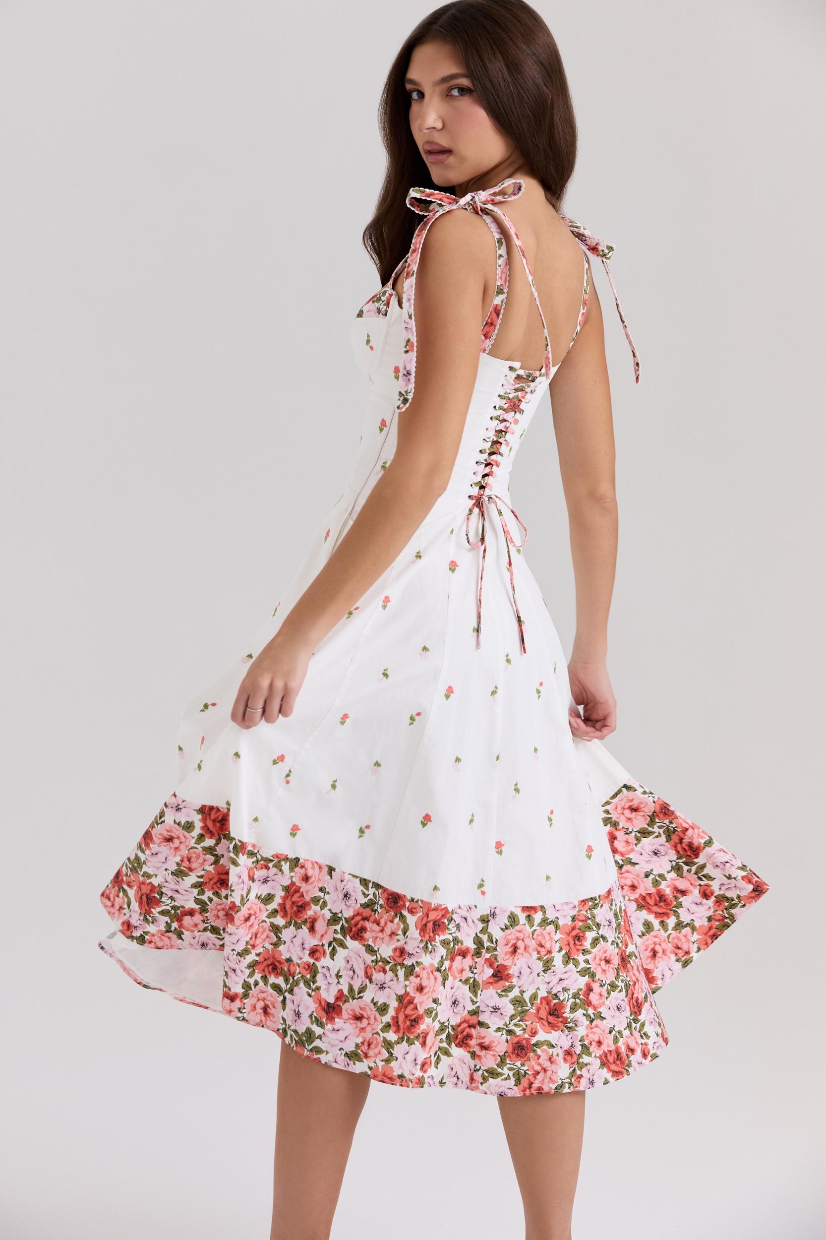 Emely  white floral print stretch cotton midi sundress Product Image