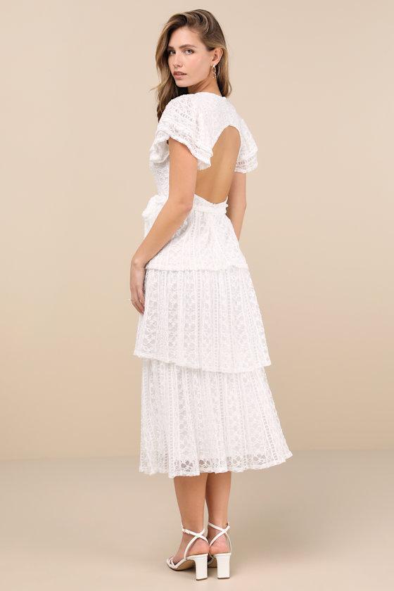 Whimsical Spirit Ivory Lace Tiered Backless Midi Dress Product Image