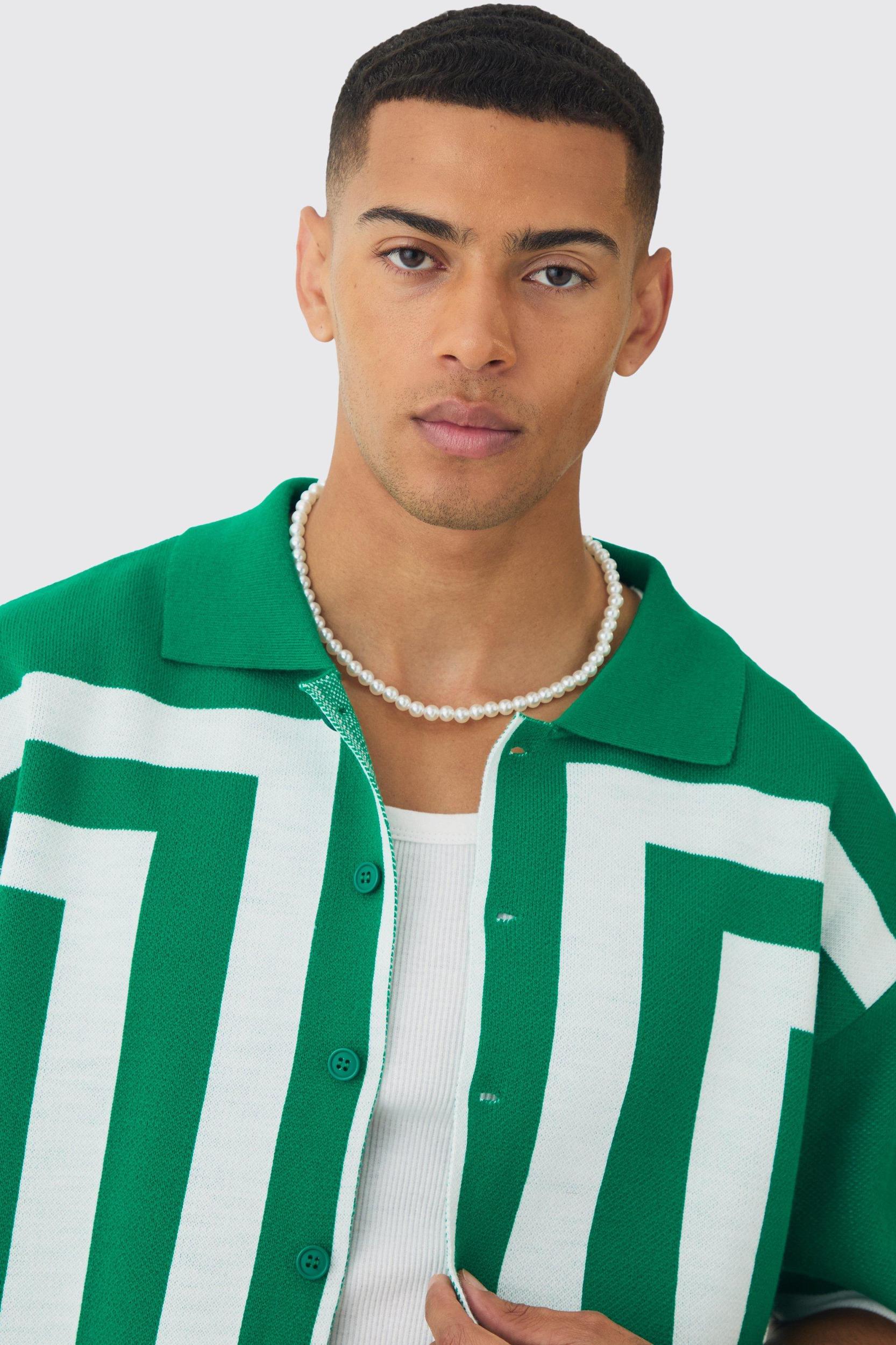 Oversized Boxy Border Knit Revere Shirt | boohooMAN USA Product Image