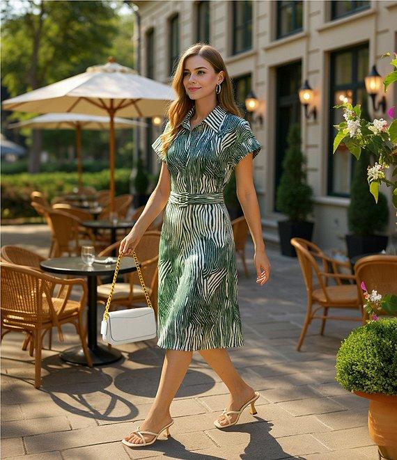 Preston & York Mae Mikado Sheath Button Front Belted Short Sleeve Zebra Print Dress Product Image
