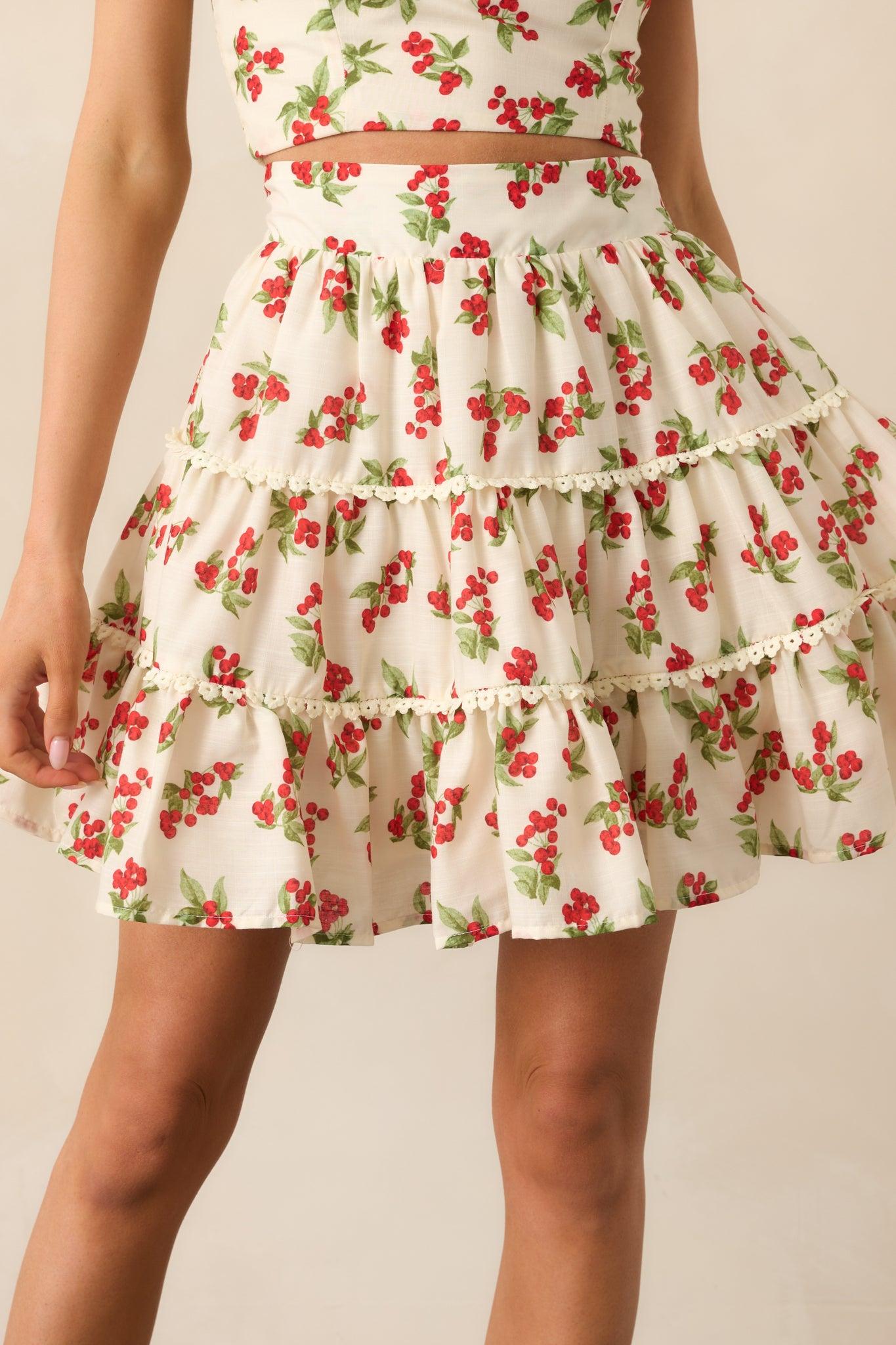 Take The Lead Ivory Floral Berry Tiered Mini Skirt Product Image
