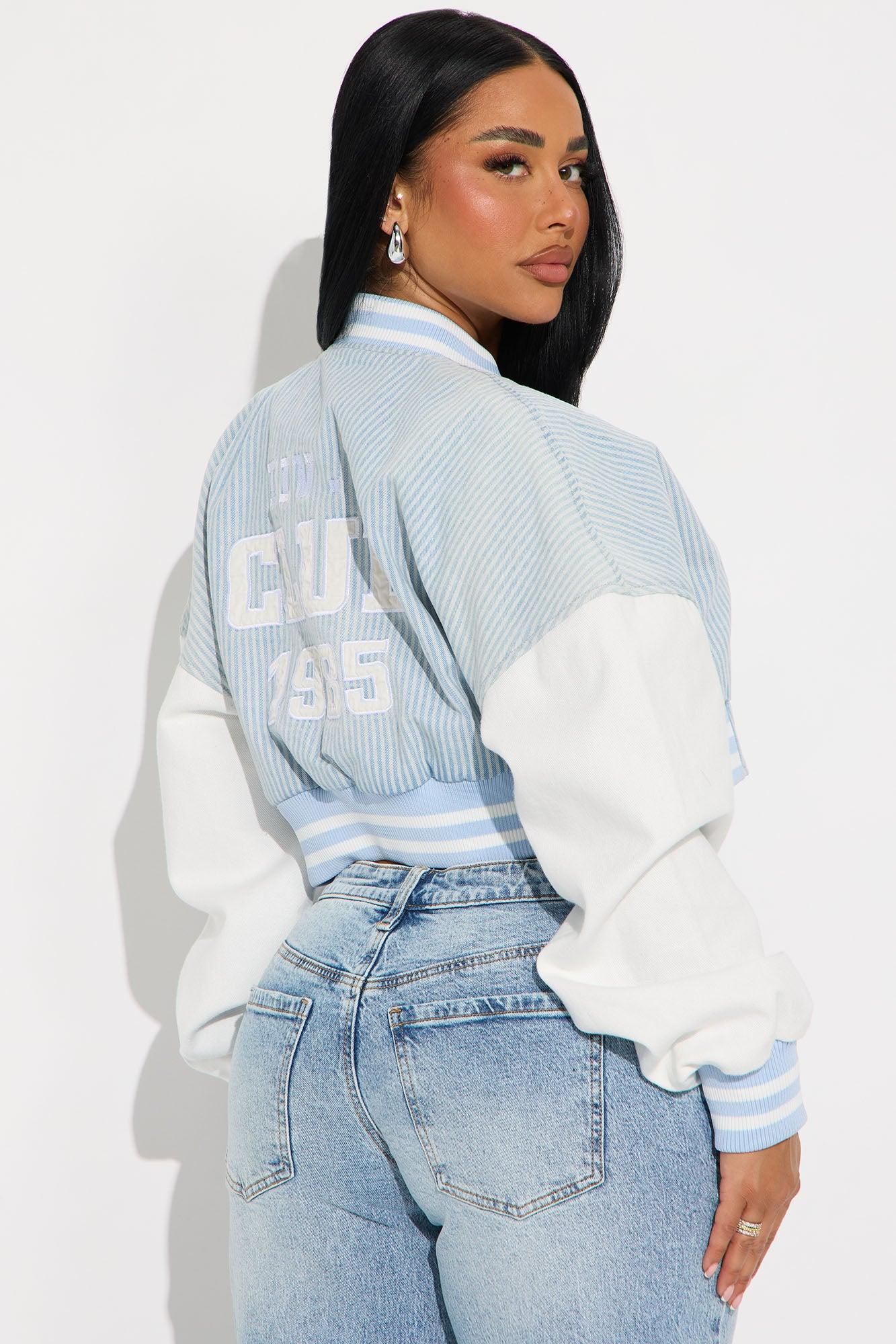 So Classic Cropped Pinstripe Denim Jacket - Blue/combo Product Image