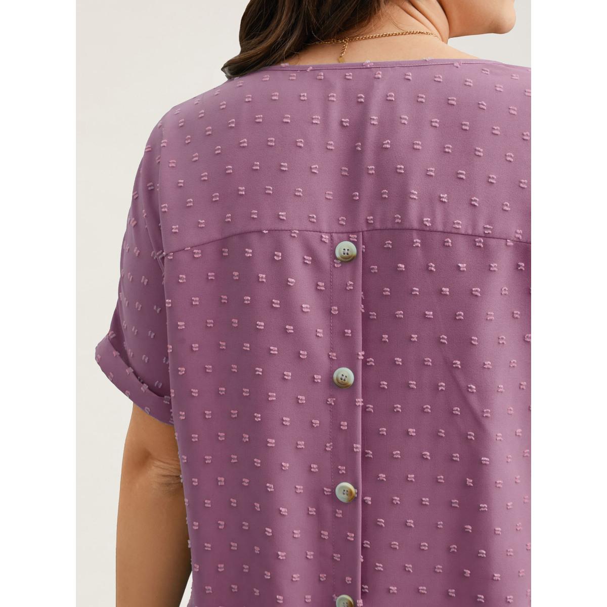 Plus Size Mauve Back-Button Textured V-Neck Shirt Women Timeless Short sleeve V-neck Elegant Blouses BloomChic 12/L Product Image