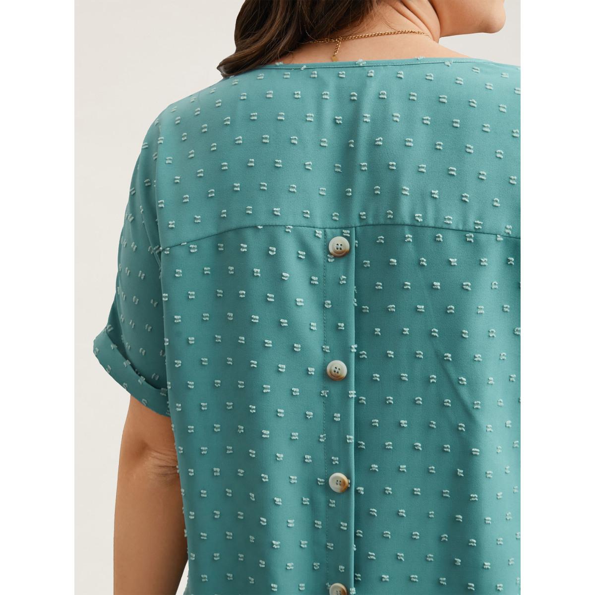 Plus Size Teal Back-Button Textured V-Neck Shirt Women Timeless Short sleeve V-neck Elegant Blouses BloomChic 28/5X Product Image