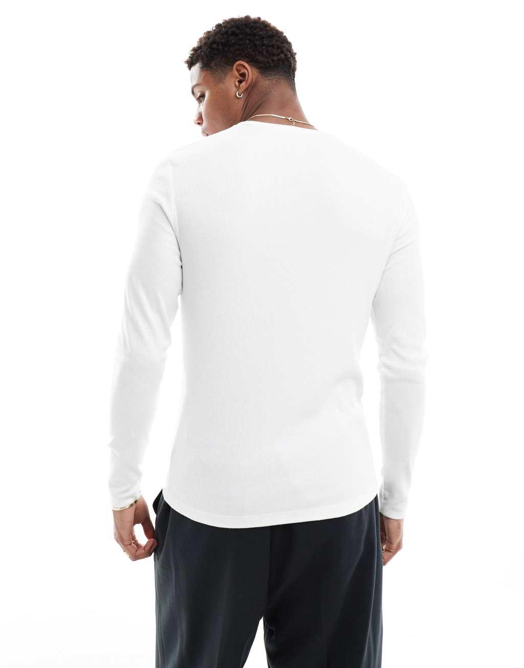 ASOS DESIGN essential muscle fit long sleeve ribbed T-shirt in white | ASOS Product Image