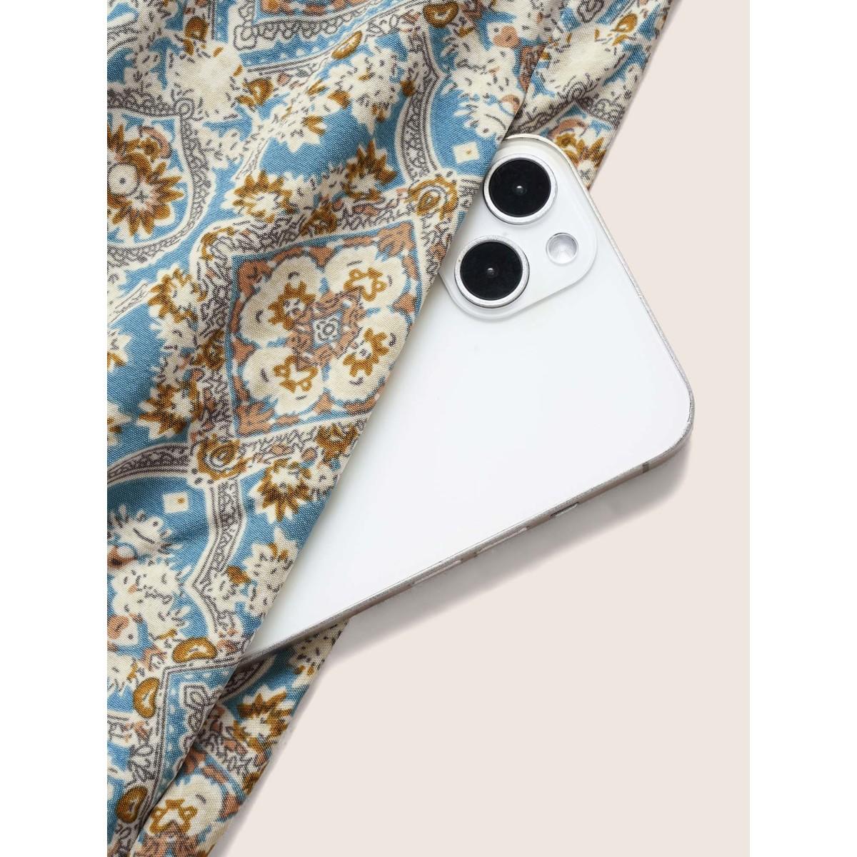 Plus Size Boho Print Shirred Pleated Maxi Dress Stone Women Resort Slit V-neck Half Sleeve Curvy BloomChic 22-24/3X Product Image