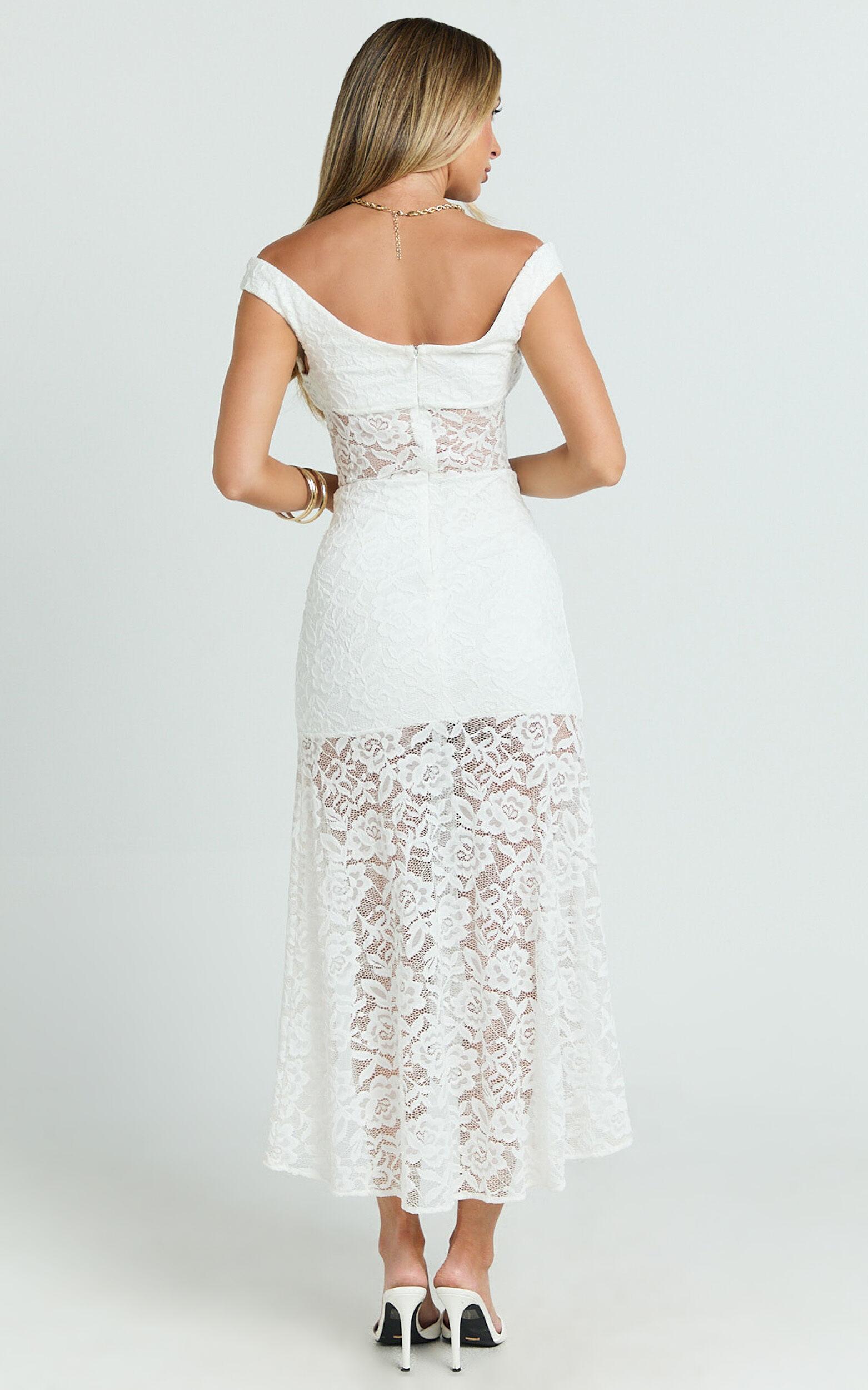 Tatum Midi Dress - Lace Off Shoulder Side Split Dress in Off White Product Image