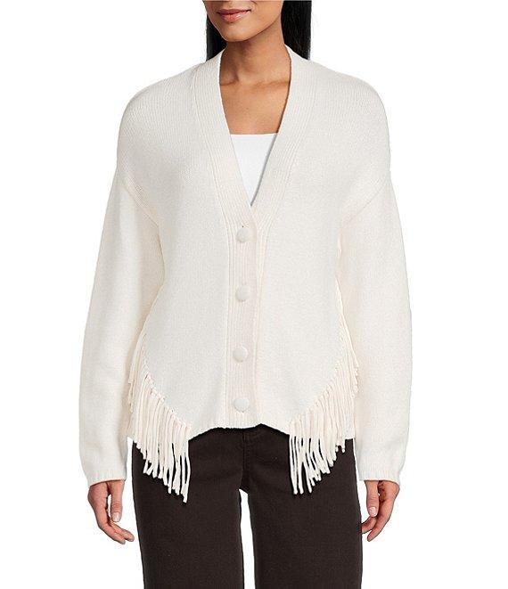Reba Sage Knit V-Neck Asymmetrical Fringe Long Sleeve Button Down Cardigan Product Image