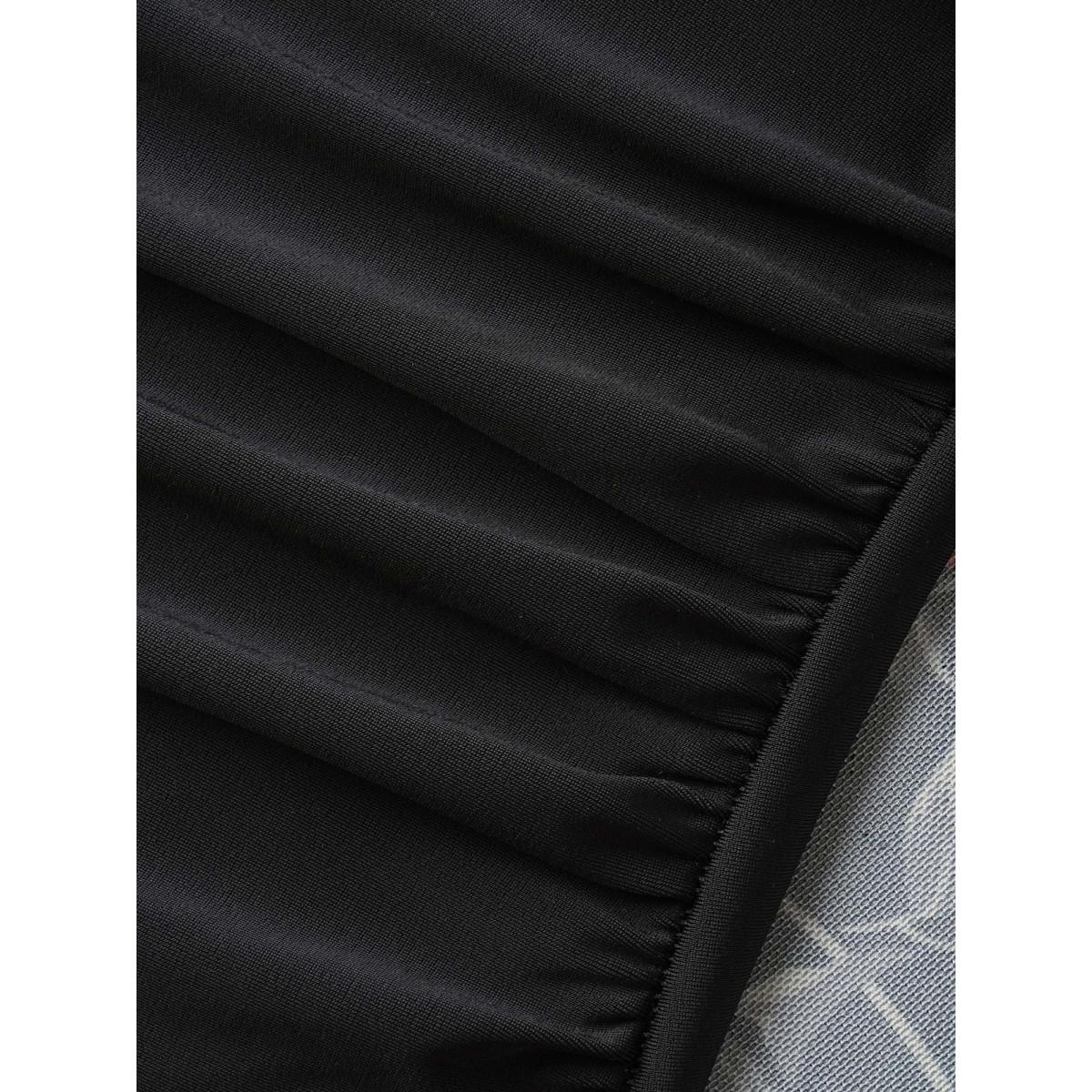 Plus Size Midnight Roses Sheer Pleated Swim Dress Women's Swimwear Black Beach Bodycon Overlap Collar High stretch Curve Swim Dresses BloomChic 12/L Product Image