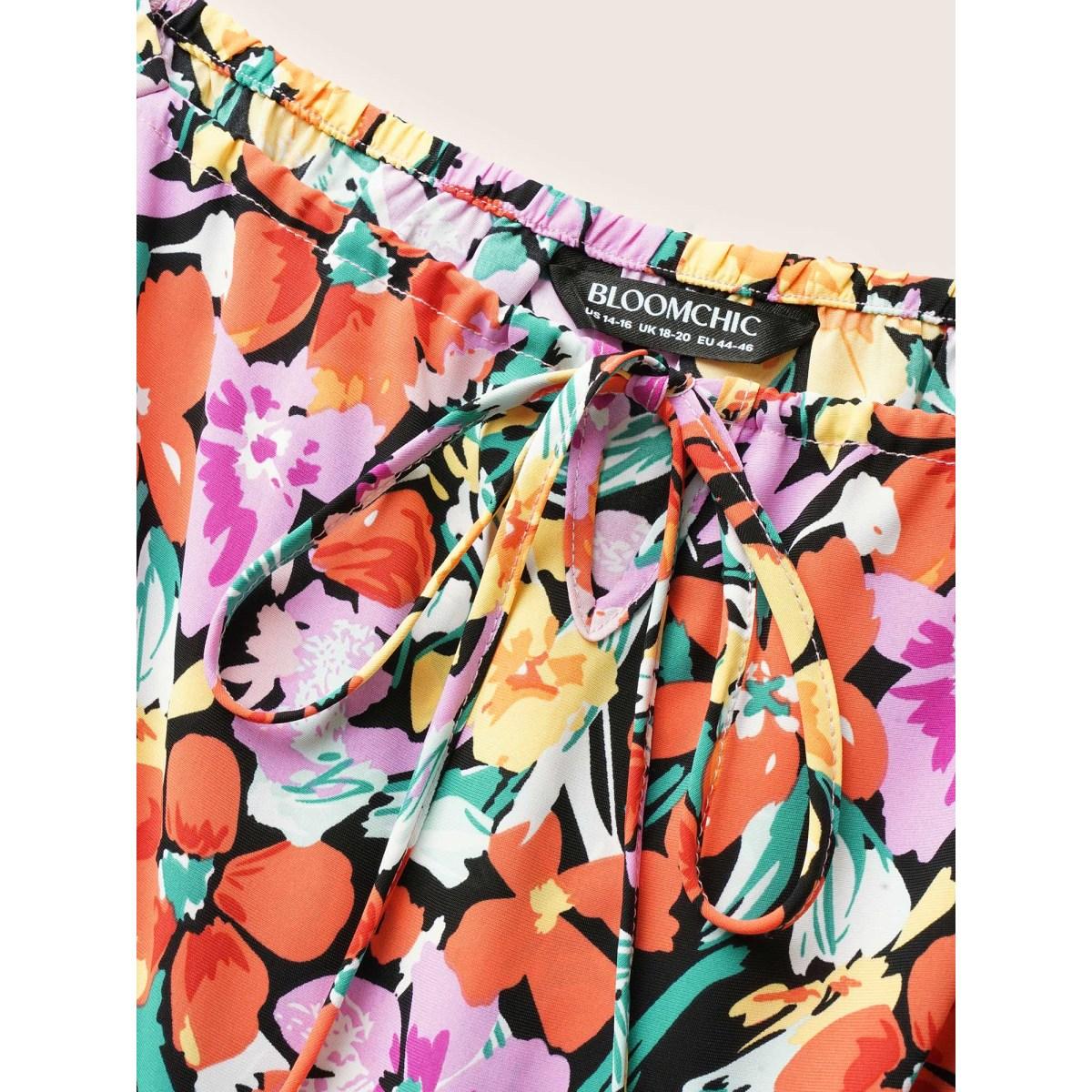 Plus Size Square Neck Floral Drawstring Split Hem Dress Black Women Elegant Gathered Square Neck Short sleeve Curvy BloomChic 14-16/1X Product Image