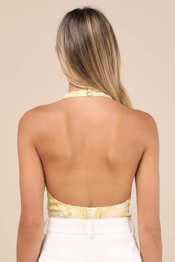 Lilou Yellow Jacquard Halter Bodysuit Product Image