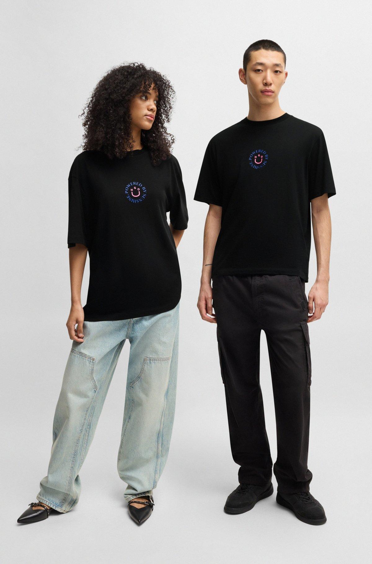 HUGO - Cotton-jersey T-shirt with Happy HUGO logo - Black Product Image