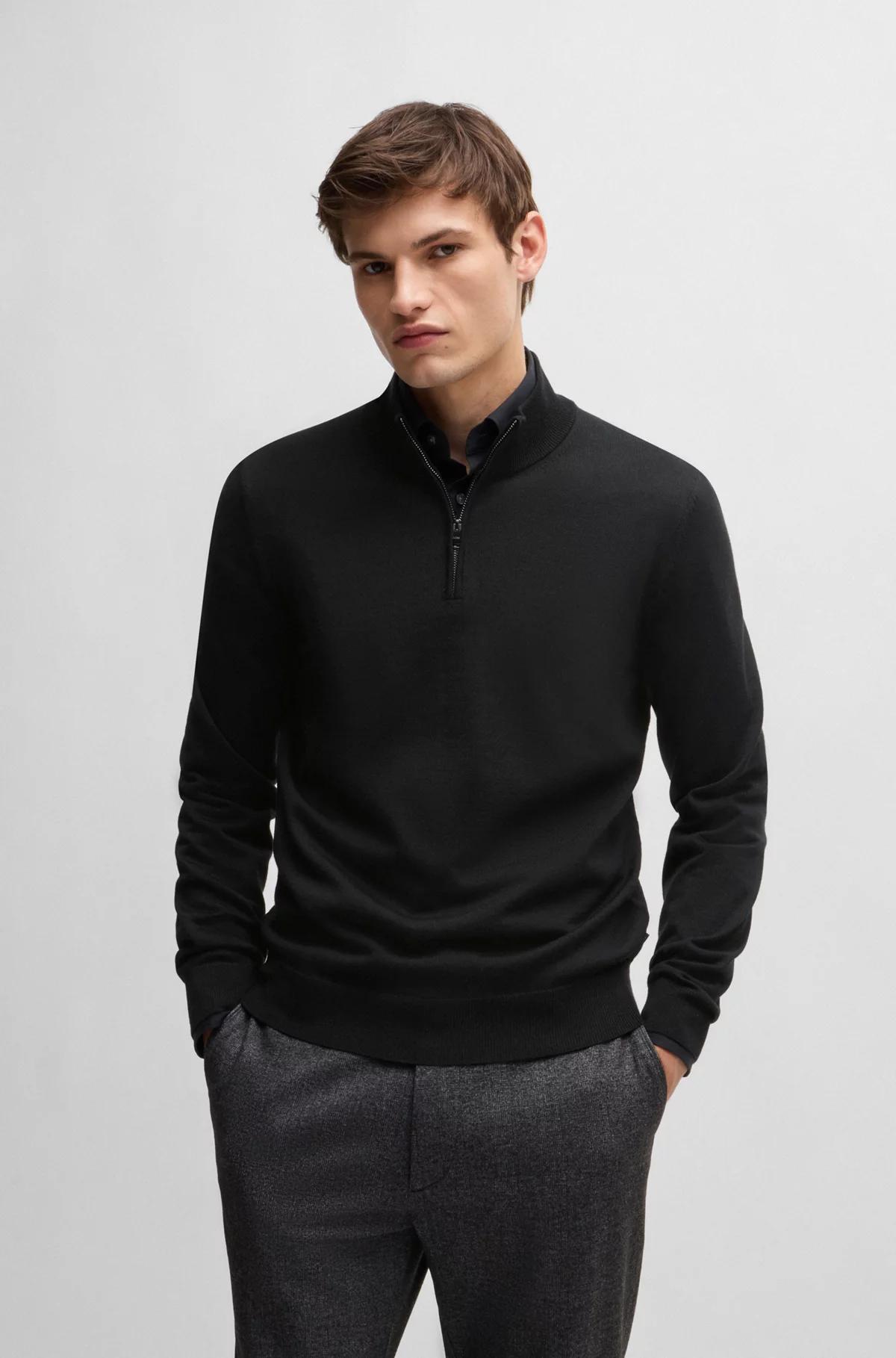 Boss Regular-Fit Zip-Neck Sweater in Virgin Wool - Black Product Image
