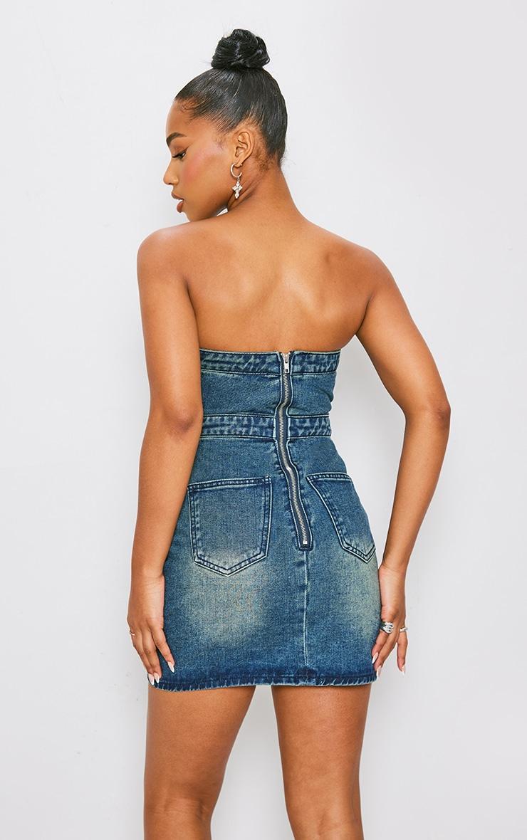 Indigo Blue Wash Zip Detail Bandeau Mini Dress Product Image