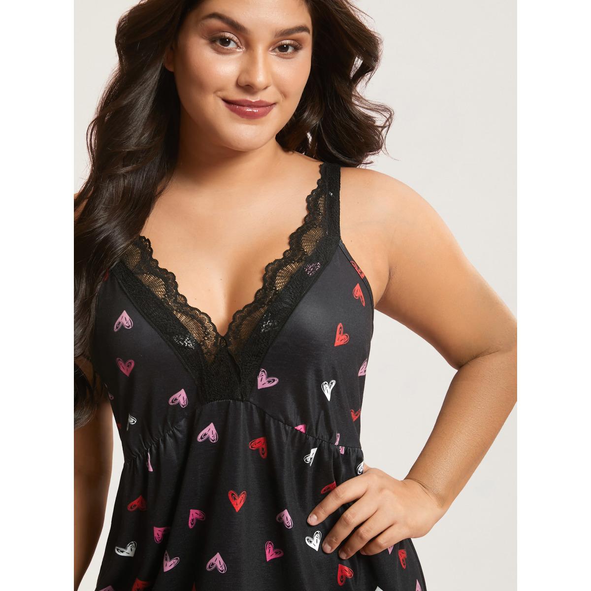 Plus Size Multi-Color Lace Trim Stitch Lounge Dress Women Black Lounge Woven ribbon&lace trim Deep V-neck Loungewear BloomChic 26/4X Product Image